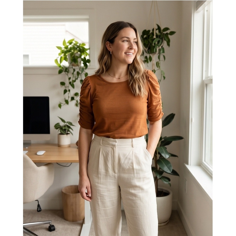 Anthropologie Maeve Vicuna Textured Ruched Puff Sleeve Top Rust Brown Small NEW
